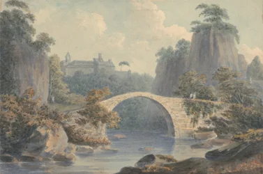Rivierlandschap met een enkele boogbrug